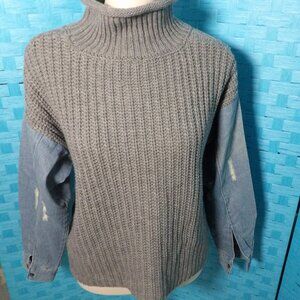 SAY WHAT?  Gray Cardigan SWEATER with DENIM Sleeves (Ripped on Purpose)